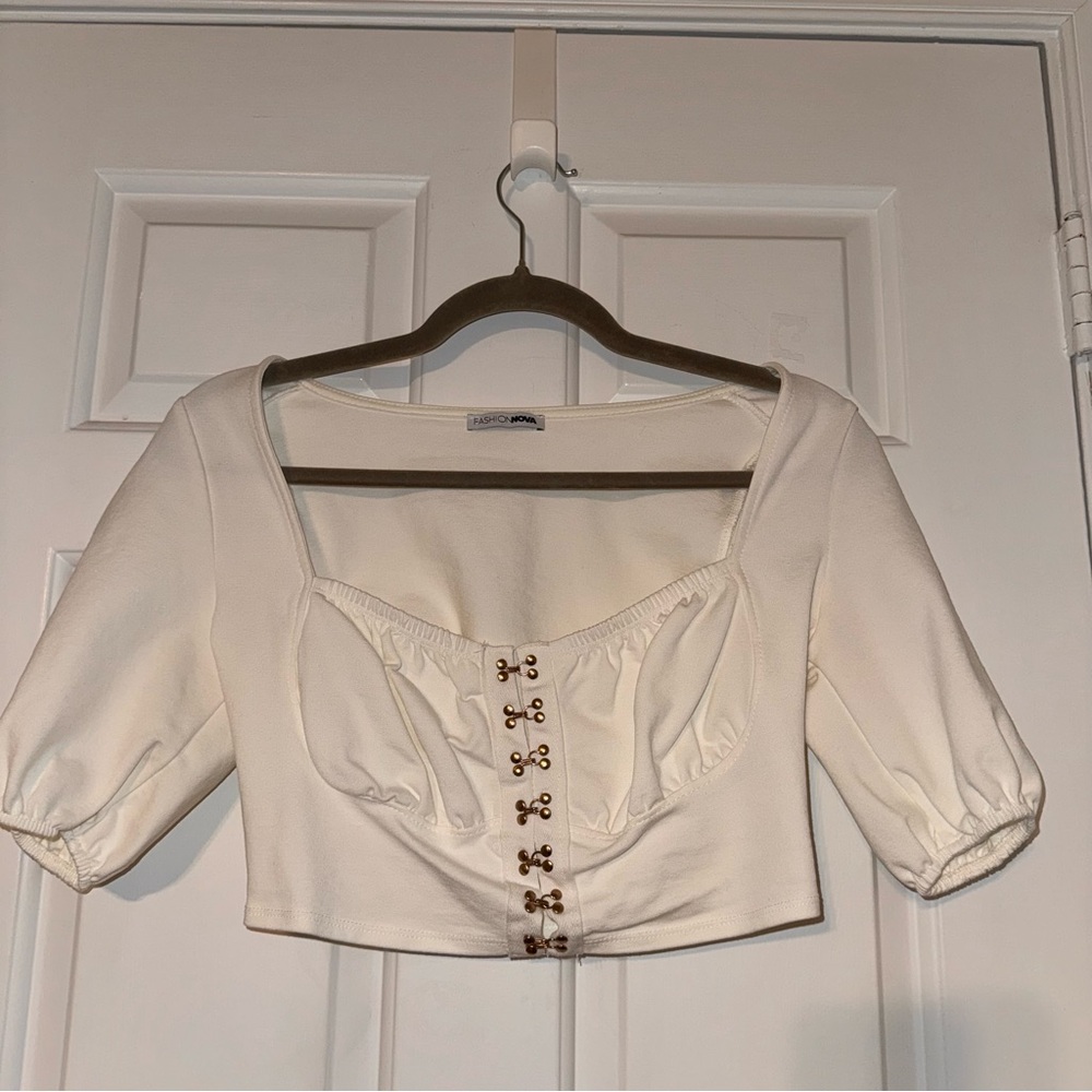 Fashion Nova White Puff Sleeve Crop Top Front gold eye Hook Detail corset like M - Picture 2 of 11